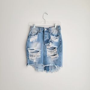 ONE by One Teaspoon Acid Distressed Light Blue Denim Skirt